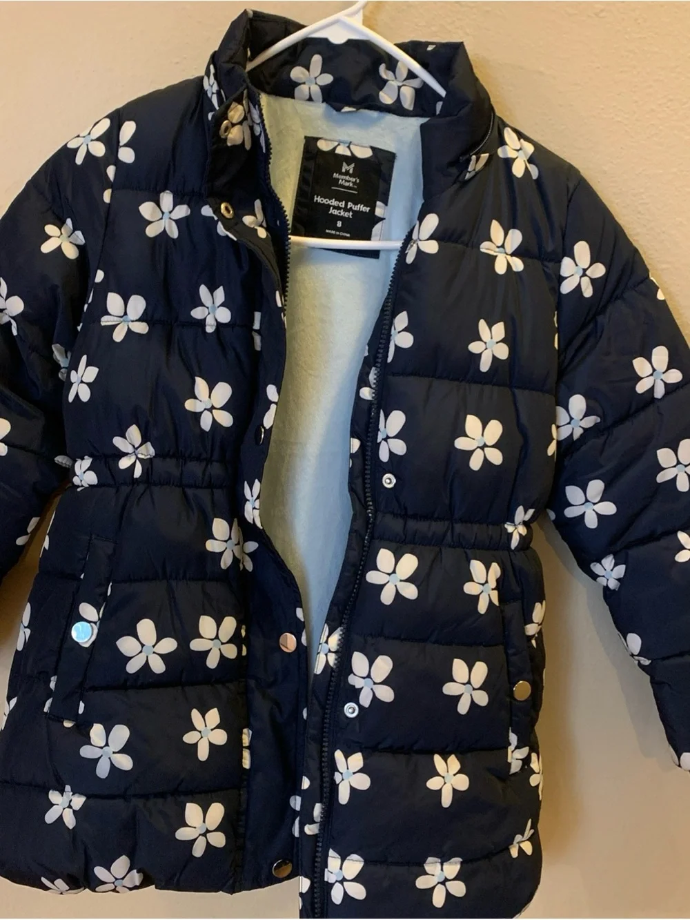 Girls' Navy Floral Puffer Coat - White Flower Print